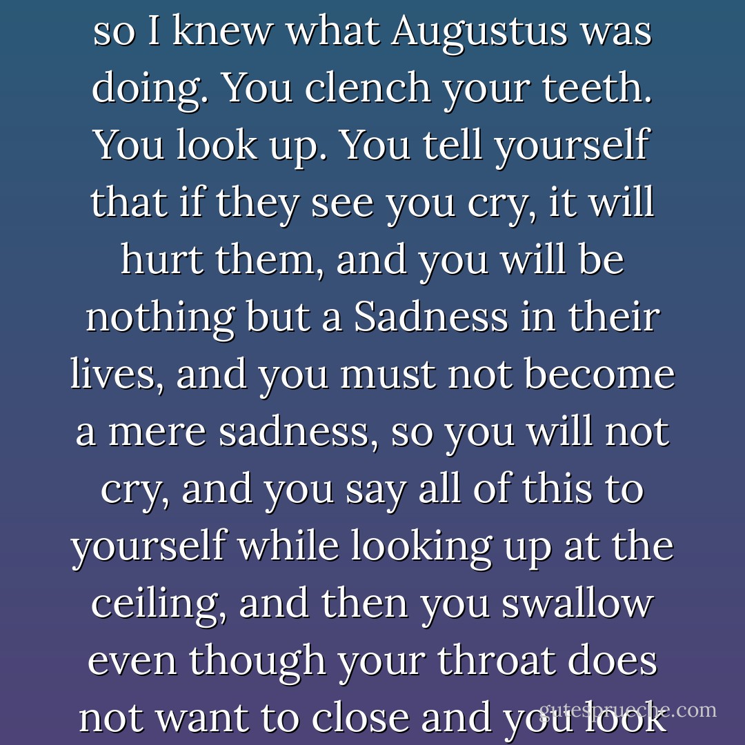Much of my life had been devoted to trying not to cry in front of people who loved me, so I knew what Augustus was doing. You clench your teeth. You look up. You tell yourself that if they see you cry, it will hurt them, and you will be nothing but a Sadness in their lives, and you must not become a mere sadness, so you will not cry, and you say all of this to yourself while looking up at the ceiling, and then you swallow even though your throat does not want to close and you look at the person who loves you and smile. - John Green