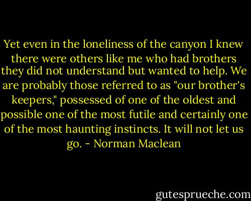 Yet even in the loneliness of the canyon I knew there were others like me who had brothers they did not understand but wanted to help. We are probably those referred to as "our brother's keepers," possessed of one of the oldest and possible one of the most futile and certainly one of the most haunting instincts. It will not let us go. - Norman Maclean