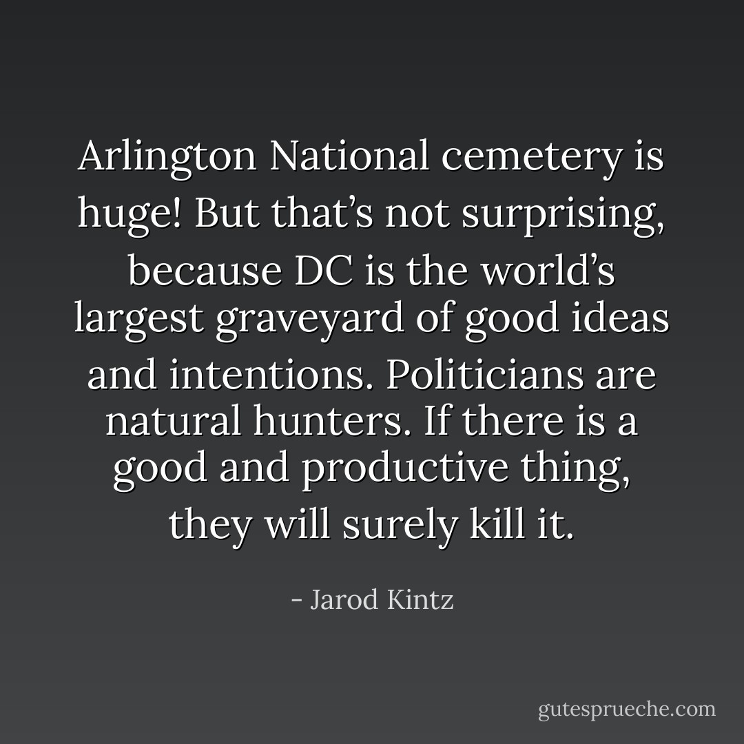 Arlington National cemetery is huge! But that’s not surprising, because DC is the world’s largest graveyard of good ideas and intentions. Politicians are natural hunters. If there is a good and productive thing, they will surely kill it. - Jarod Kintz