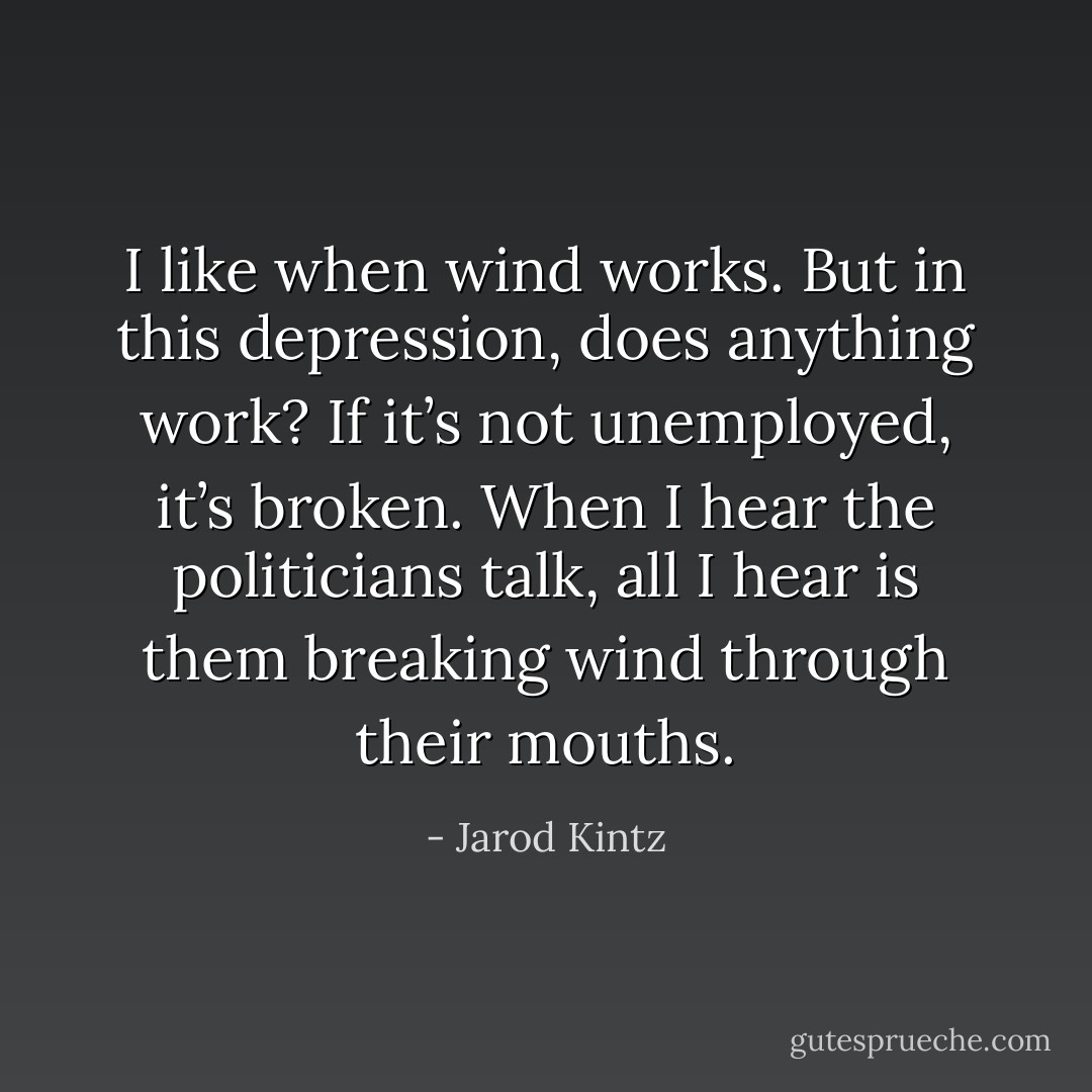 I like when wind works. But in this depression, does anything work? If it’s not unemployed, it’s broken. When I hear the politicians talk, all I hear is them breaking wind through their mouths. - Jarod Kintz