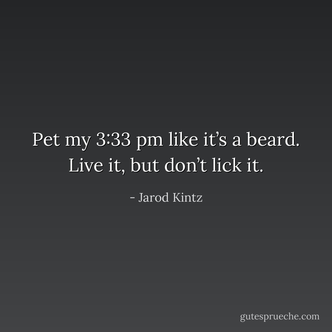 Pet my 3:33 pm like it’s a beard. Live it, but don’t lick it. - Jarod Kintz