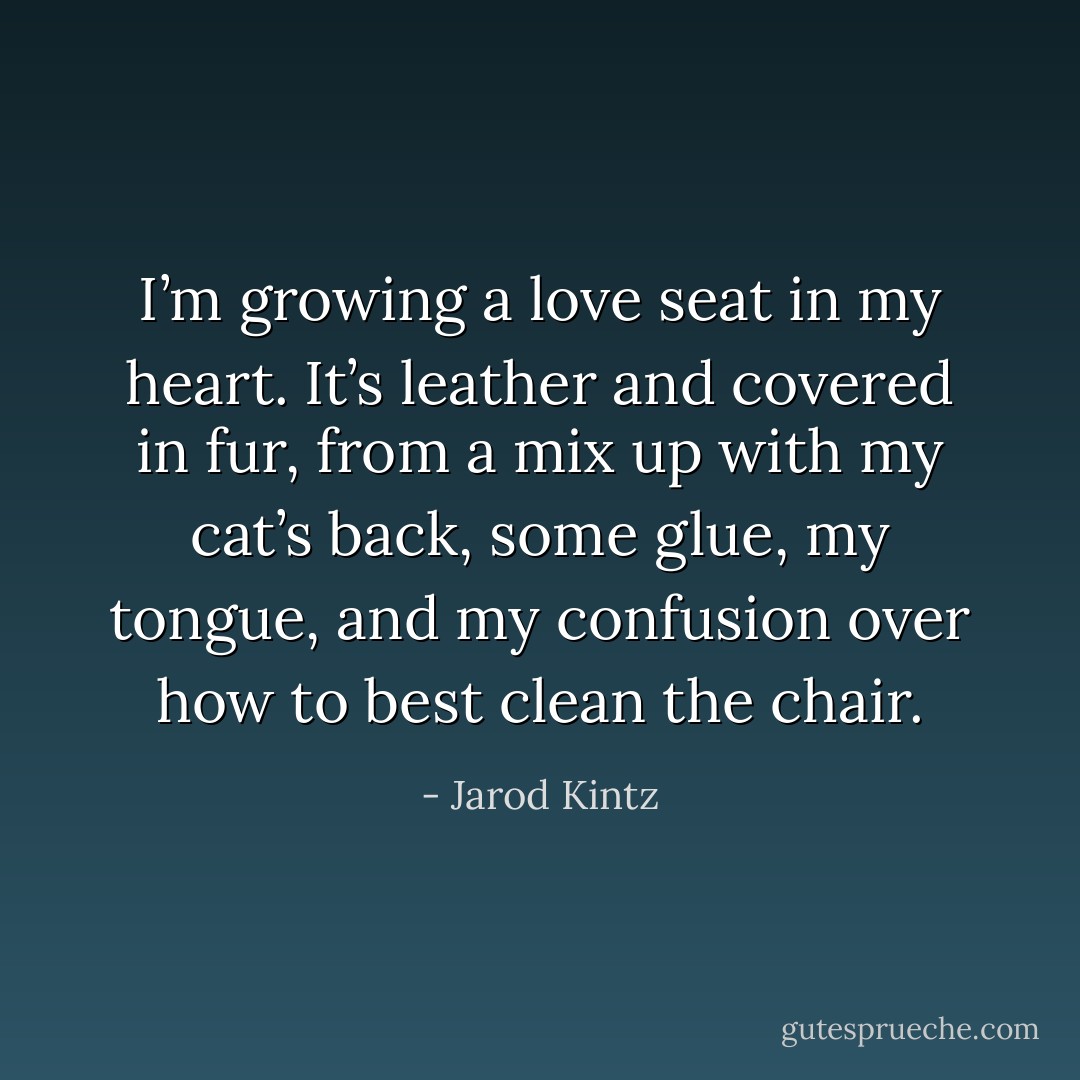 I’m growing a love seat in my heart. It’s leather and covered in fur, from a mix up with my cat’s back, some glue, my tongue, and my confusion over how to best clean the chair. - Jarod Kintz