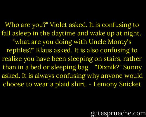 Who are you?" Violet asked. It is confusing to fall asleep in the daytime and wake up at night.<br /><br />"what are you doing with Uncle Monty's reptiles?" Klaus asked. It is also confusing to realize you have been sleeping on stairs, rather than in a bed or sleeping bag. <br /><br />"Dixnik?" Sunny asked. It is always confusing why anyone would choose to wear a plaid shirt. - Lemony Snicket