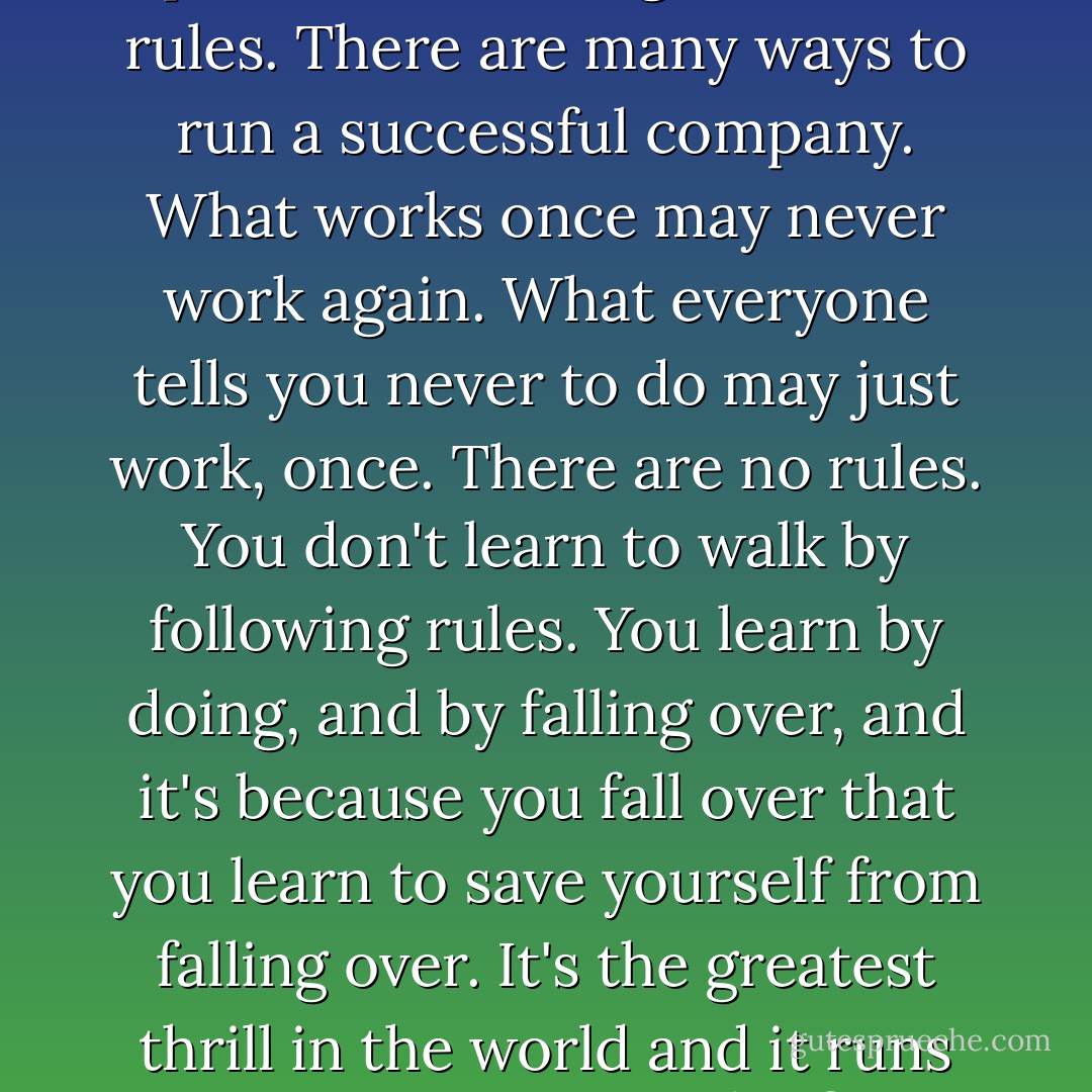 You get the idea. Every business, like a painting, operates according to its own rules. There are many ways to run a successful company. What works once may never work again. What everyone tells you never to do may just work, once. There are no rules. You don't learn to walk by following rules. You learn by doing, and by falling over, and it's because you fall over that you learn to save yourself from falling over. It's the greatest thrill in the world and it runs away screaming at the first sight of bullet points. - Richard Branson