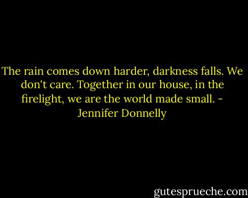 The rain comes down harder, darkness falls. We don't care. Together in our house, in the firelight, we are the world made small. - Jennifer Donnelly