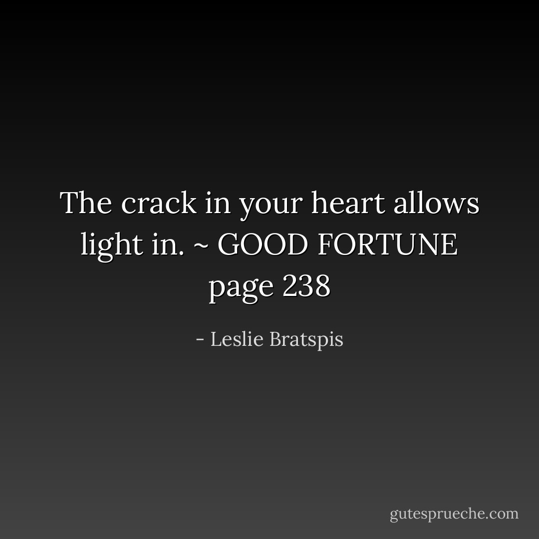 The crack in your heart allows light in. ~ GOOD FORTUNE page 238 - Leslie Bratspis