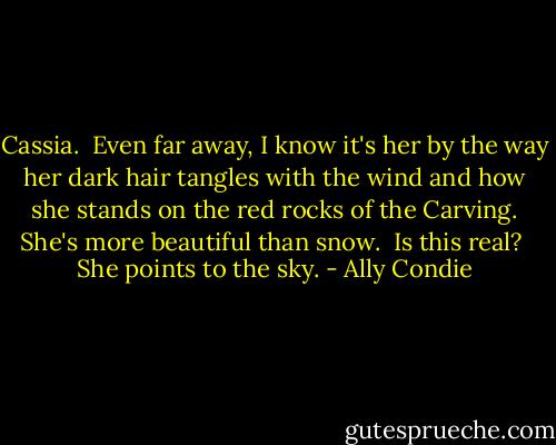 Cassia.<br /><br />Even far away, I know it's her by the way her dark hair tangles with the wind and how she stands on the red rocks of the Carving. She's more beautiful than snow.<br /><br />Is this real?<br /><br />She points to the sky. - Ally Condie