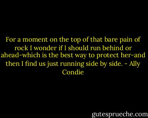 For a moment on the top of that bare pain of rock I wonder if I should run behind or ahead-which is the best way to protect her-and then I find us just running side by side. - Ally Condie
