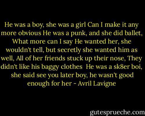 He was a boy, she was a girl<br />Can I make it any more obvious<br />He was a punk, and she did ballet,<br />What more can I say<br />He wanted her,<br />she wouldn't tell, but secretly she wanted him as well,<br />All of her friends stuck up their nose,<br />They didn't like his baggy clothes<br /><br />He was a sk8er boi, <br />she said see you later boy,<br />he wasn't good enough for her - Avril Lavigne