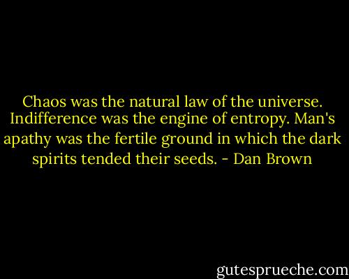 Chaos was the natural law of the universe. Indifference was the engine of entropy. Man's apathy was the fertile ground in which the dark spirits tended their seeds. - Dan Brown