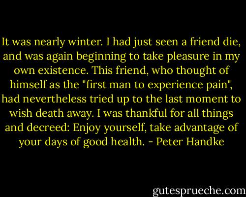 It was nearly winter. I had just seen a friend die, and was again beginning to take pleasure in my own existence. This friend, who thought of himself as the "first man to experience pain", had nevertheless tried up to the last moment to wish death away. I was thankful for all things and decreed: Enjoy yourself, take advantage of your days of good health. - Peter Handke