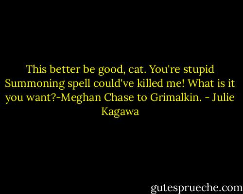 This better be good, cat. You're stupid Summoning spell could've killed me! What is it you want?-Meghan Chase to Grimalkin. - Julie Kagawa