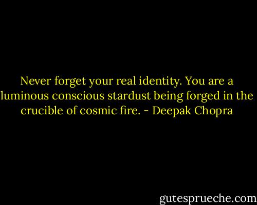 Never forget your real identity. You are a luminous conscious stardust being forged in the crucible of cosmic fire. - Deepak Chopra