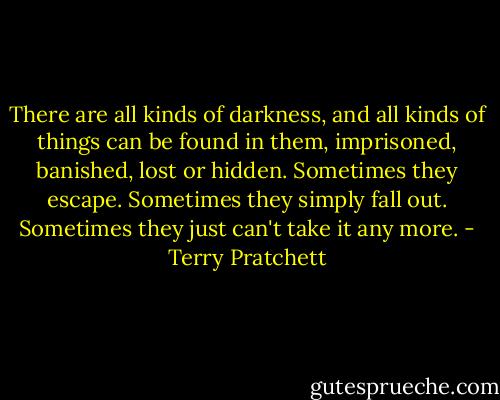 There are all kinds of darkness, and all kinds of things can be found in them, imprisoned, banished, lost or hidden. Sometimes they escape. Sometimes they simply fall out. Sometimes they just can't take it any more. - Terry Pratchett