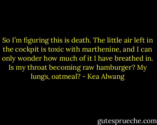 So I’m figuring this is death. The little air left in the cockpit is toxic with marthenine, and I can only wonder how much of it I have breathed in. Is my throat becoming raw hamburger? My lungs, oatmeal? - Kea Alwang