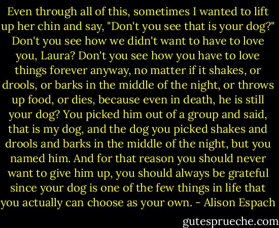 Even through all of this, sometimes I wanted to lift up her chin and say, "Don't you see that is your dog?" Don't you see how we didn't want to have to love you, Laura? Don't you see how you have to love things forever anyway, no matter if it shakes, or drools, or barks in the middle of the night, or throws up food, or dies, because even in death, he is still your dog? You picked him out of a group and said, that is my dog, and the dog you picked shakes and drools and barks in the middle of the night, but you named him. And for that reason you should never want to give him up, you should always be grateful since your dog is one of the few things in life that you actually can choose as your own. - Alison Espach