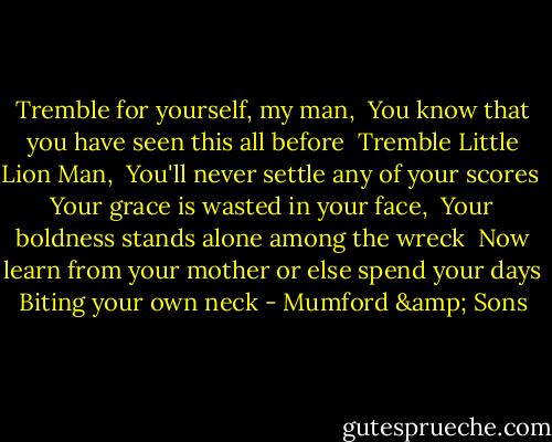 Tremble for yourself, my man,<br /> You know that you have seen this all before<br /> Tremble Little Lion Man,<br /> You'll never settle any of your scores<br /> Your grace is wasted in your face,<br /> Your boldness stands alone among the wreck<br /> Now learn from your mother or else spend your days Biting your own neck - Mumford & Sons