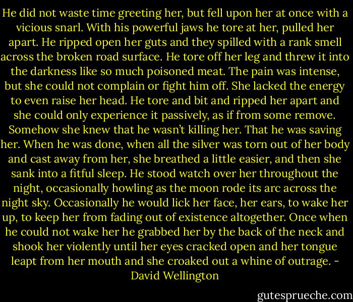 He did not waste time greeting her, but fell upon her at once with a vicious snarl. With his powerful jaws he tore at her, pulled her apart. He ripped open her guts and they spilled with a rank smell across the broken road surface. He tore off her leg and threw it into the darkness like so much poisoned meat.<br />The pain was intense, but she could not complain or fight him off. She lacked the energy to even raise her head. He tore and bit and ripped her apart and she could only experience it passively, as if from some remove.<br />Somehow she knew that he wasn’t killing her.<br />That he was saving her.<br />When he was done, when all the silver was torn out of her body and cast away from her, she breathed a little easier, and then she sank into a fitful sleep. He stood watch over her throughout the night, occasionally howling as the moon rode its arc across the night sky. Occasionally he would lick her face, her ears, to wake her up, to keep her from fading out of existence altogether. Once when he could not wake her he grabbed her by the back of the neck and shook her violently until her eyes cracked open and her tongue leapt from her mouth and she croaked out a whine of outrage. - David Wellington