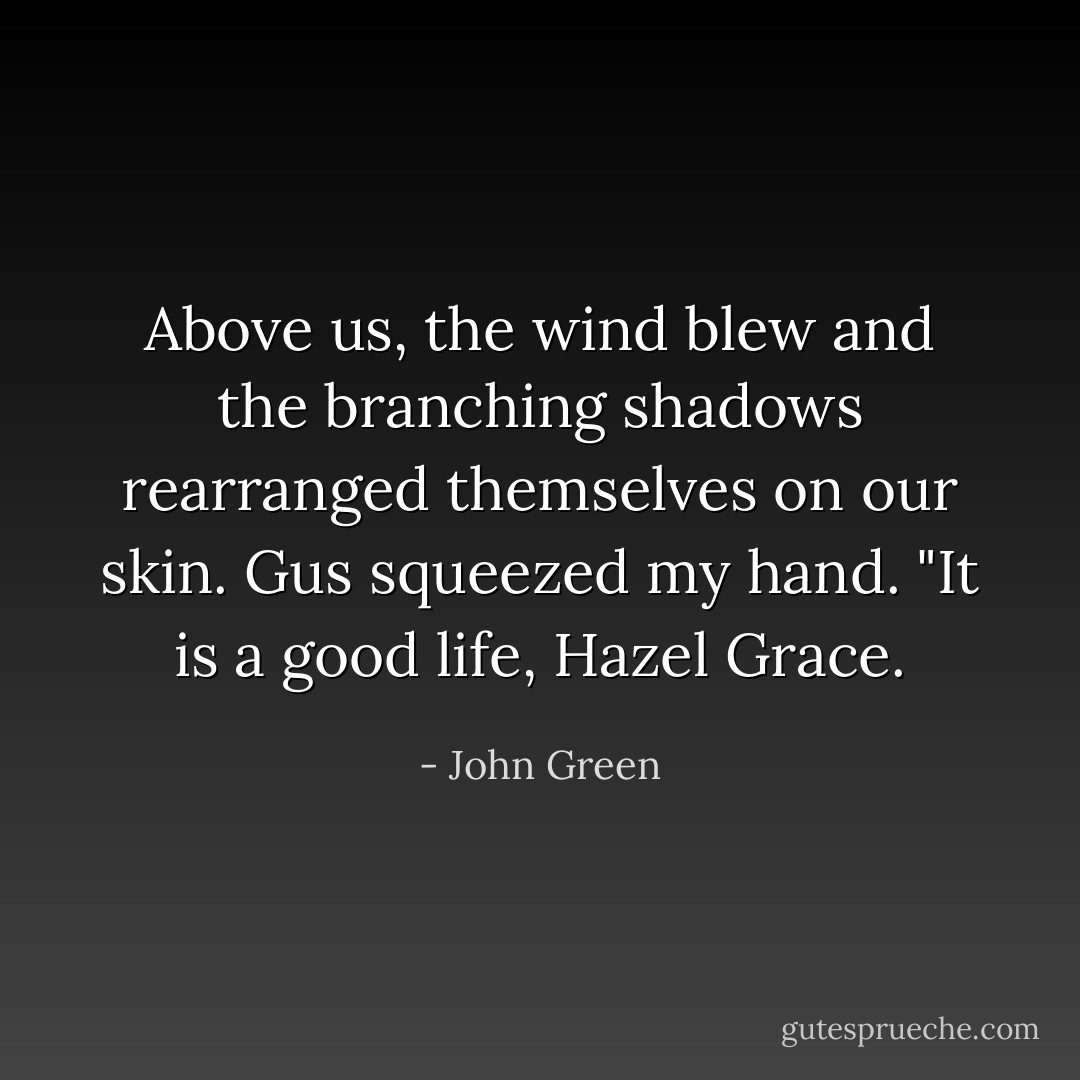 Above us, the wind blew and the branching shadows rearranged themselves on our skin. Gus squeezed my hand. "It is a good life, Hazel Grace. - John Green