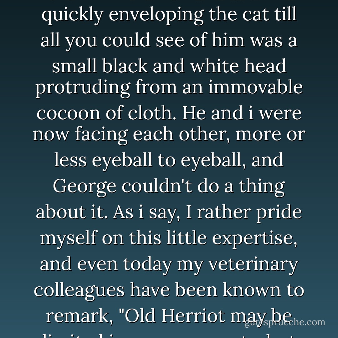 I think it was the beginning of Mrs. Bond's unquestioning faith in me when she saw me quickly enveloping the cat till all you could see of him was a small black and white head protruding from an immovable cocoon of cloth. He and i were now facing each other, more or less eyeball to eyeball, and George couldn't do a thing about it. As i say, I rather pride myself on this little expertise, and even today my veterinary colleagues have been known to remark, "Old Herriot may be limited in many respects, but by God he can wrap a cat. - James Herriot