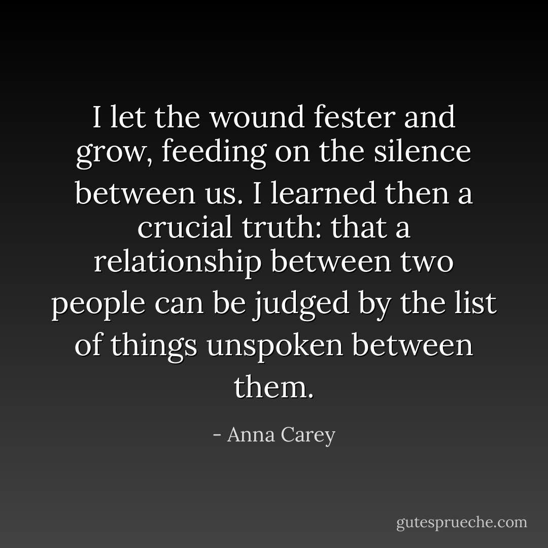 I let the wound fester and grow, feeding on the silence between us. I learned then a crucial truth: that a relationship between two people can be judged by the list of things unspoken between them. - Anna Carey