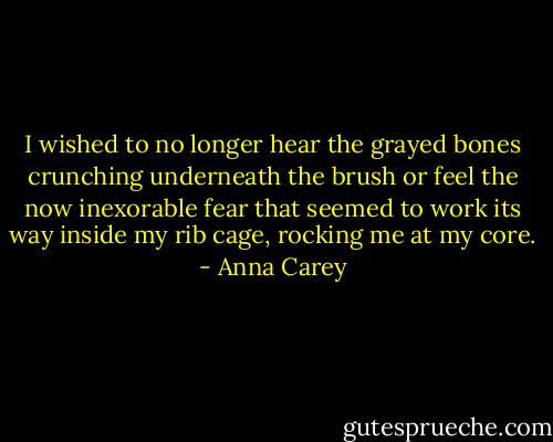 I wished to no longer hear the grayed bones crunching underneath the brush or feel the now inexorable fear that seemed to work its way inside my rib cage, rocking me at my core. - Anna Carey