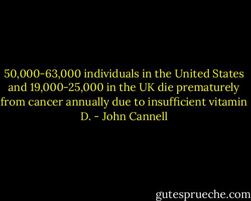 50,000-63,000 individuals in the United States and 19,000-25,000 in the UK die prematurely from cancer annually due to insufficient vitamin D. - John Cannell