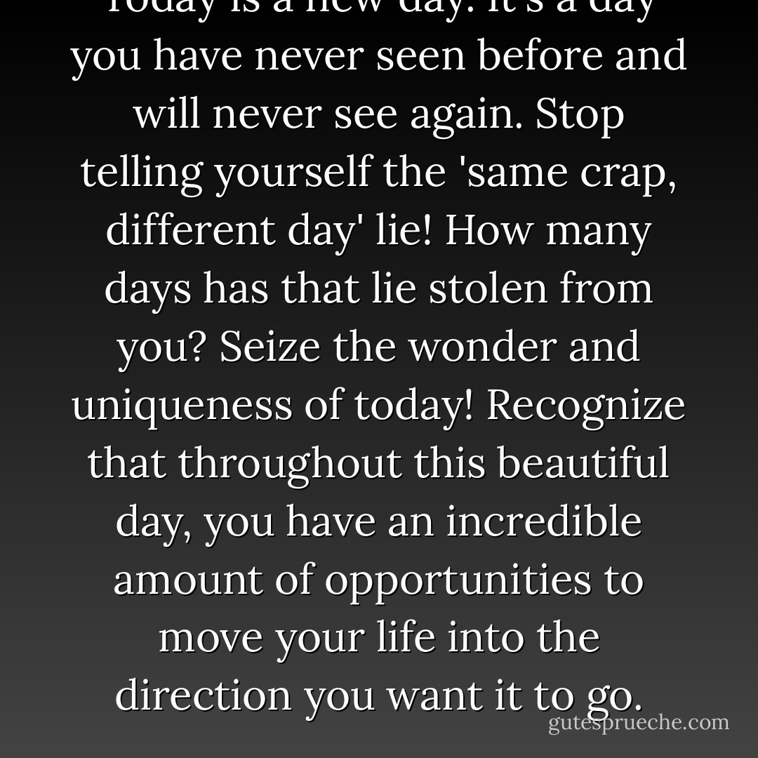 ‎Today is a new day. It's a day you have never seen before and will never see again. Stop telling yourself the 'same crap, different day' lie! How many days has that lie stolen from you? Seize the wonder and uniqueness of today! Recognize that throughout this beautiful day, you have an incredible amount of opportunities to move your life into the direction you want it to go. - Steve Maraboli