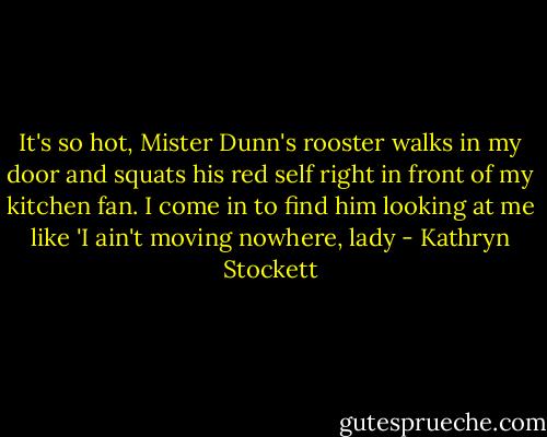 It's so hot, Mister Dunn's rooster walks in my door and squats his red self right in front of my kitchen fan. I come in to find him looking at me like 'I ain't moving nowhere, lady - Kathryn Stockett