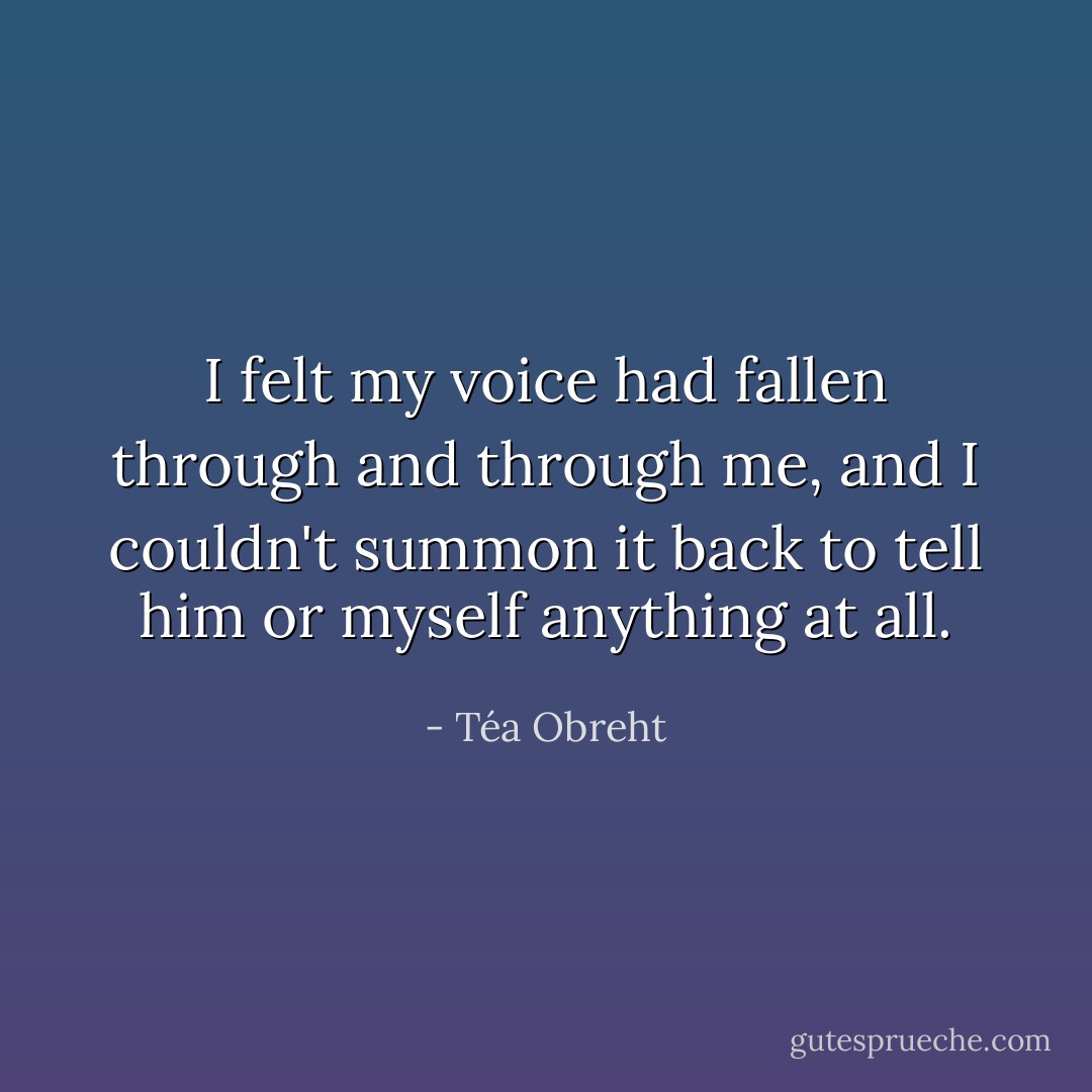 I felt my voice had fallen through and through me, and I couldn't summon it back to tell him or myself anything at all. - Téa Obreht
