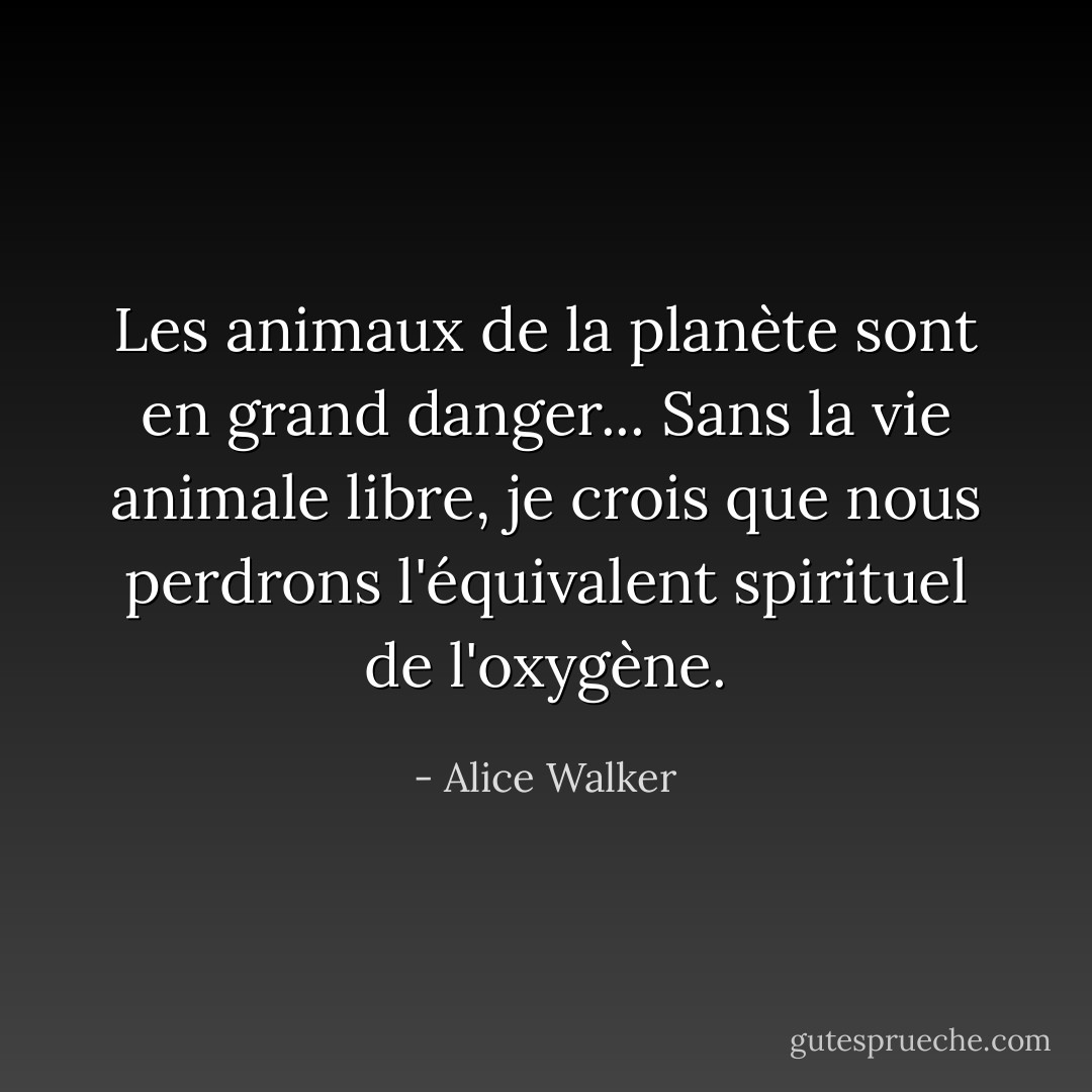 Les animaux de la planète sont en grand danger... Sans la vie animale libre, je crois que nous perdrons l'équivalent spirituel de l'oxygène. - Alice Walker