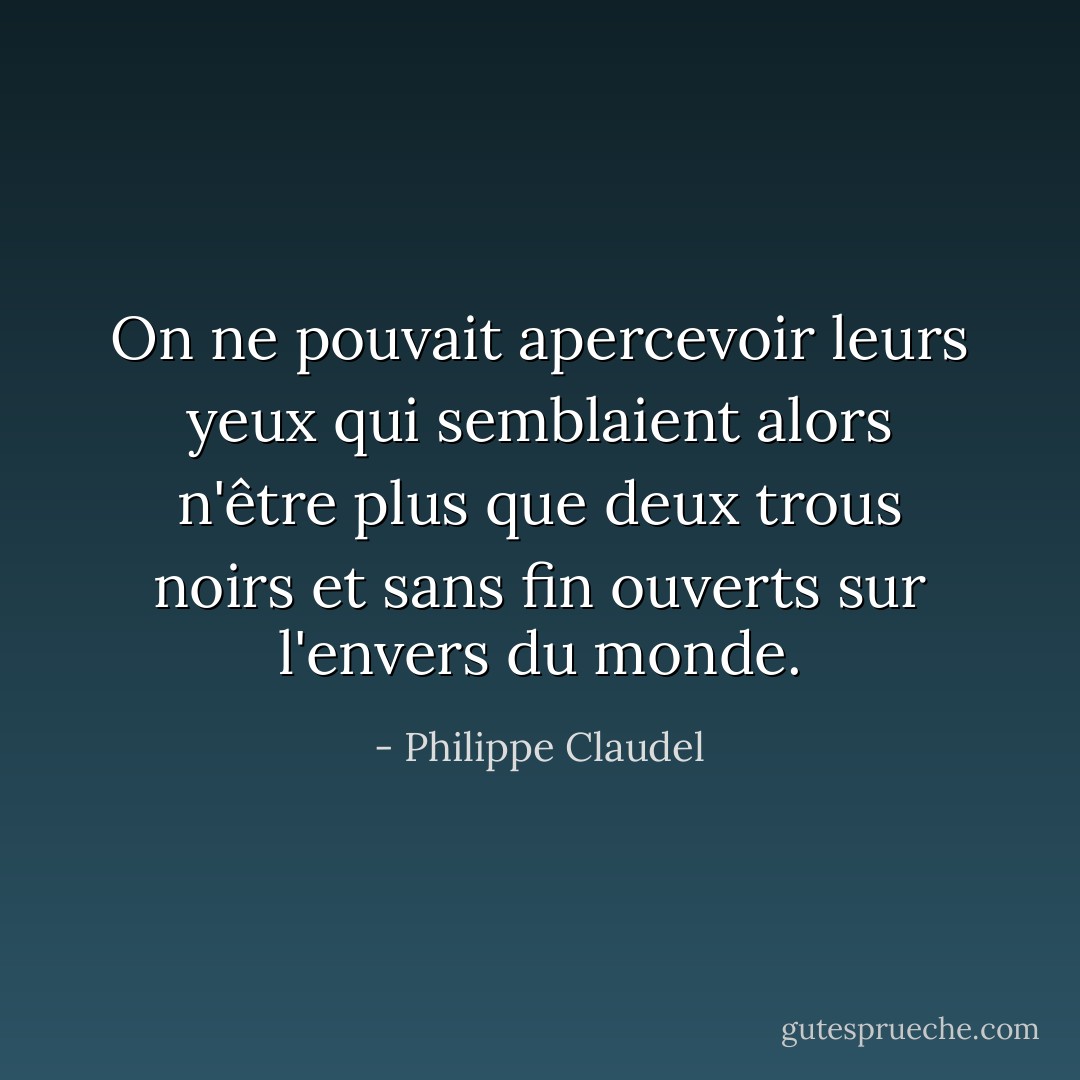 On ne pouvait apercevoir leurs yeux qui semblaient alors n'être plus que deux trous noirs et sans fin ouverts sur l'envers du monde. - Philippe Claudel