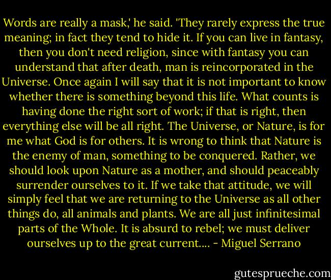 Words are really a mask,' he said. 'They rarely express the true meaning; in fact they tend to hide it. If you can live in fantasy, then you don't need religion, since with fantasy you can understand that after death, man is reincorporated in the Universe. Once again I will say that it is not important to know whether there is something beyond this life. What counts is having done the right sort of work; if that is right, then everything else will be all right. The Universe, or Nature, is for me what God is for others. It is wrong to think that Nature is the enemy of man, something to be conquered. Rather, we should look upon Nature as a mother, and should peaceably surrender ourselves to it. If we take that attitude, we will simply feel that we are returning to the Universe as all other things do, all animals and plants. We are all just infinitesimal parts of the Whole. It is absurd to rebel; we must deliver ourselves up to the great current.... - Miguel Serrano