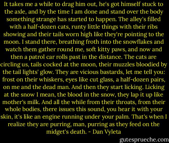 It takes me a while to drag him out, he's got himself stuck to the axle, and by the time I am done and stand over the body something strange has started to happen. The alley's filled with a half-dozen cats, runty little things with their ribs showing and their tails worn high like they're pointing to the moon. I stand there, breathing froth into the snowflakes and watch them gather round me, soft kitty paws, and now and then a patrol car rolls past in the distance. The cats are circling us, tails cocked at the moon, their muzzles bloodied by the tail lights' glow. They are vicious bastards, let me tell you: frost on their whiskers, eyes like cut glass, a half-dozen pairs, on me and the dead man. And then they start licking. Licking at the snow I mean, the blood in the snow, they lap it up like mother's milk. And all the while from their throats, from their whole bodies, there issues this sound, you hear it with your skin, it's like an engine running under your palm. That's when I realize they are purring, man, purring as they feed on the midget's death. - Dan Vyleta