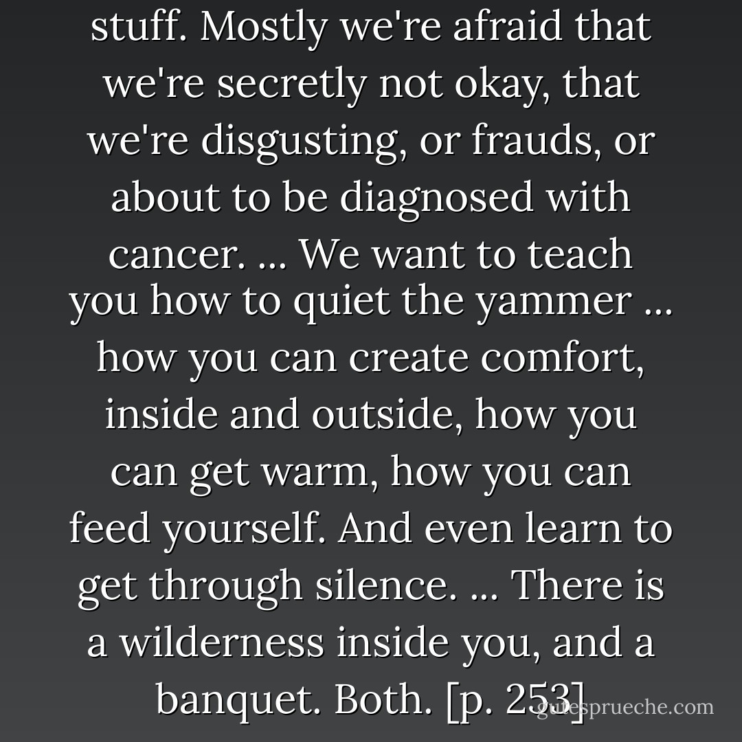 We're all afraid of the same stuff. Mostly we're afraid that we're secretly not okay, that we're disgusting, or frauds, or about to be diagnosed with cancer. ... We want to teach you how to quiet the yammer ... how you can create comfort, inside and outside, how you can get warm, how you can feed yourself. And even learn to get through silence. ... There is a wilderness inside you, and a banquet. Both. [p. 253] - Anne Lamott