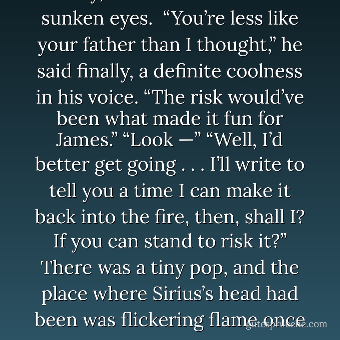 Sirius looked out of the fire at Harry, a crease between his sunken eyes. <br />“You’re less like your father than I thought,” he said finally, a definite coolness in his voice. “The risk would’ve been what made it fun for James.”<br />“Look —”<br />“Well, I’d better get going . . . I’ll write to tell you a time I can make it back into the fire, then, shall I? If you can stand to risk it?”<br />There was a tiny <i>pop</i>, and the place where Sirius’s head had been was flickering flame once more. - J.K. Rowling