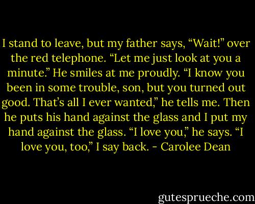 I stand to leave, but my father says, “Wait!” over the red telephone. “Let me just look at you a minute.” He smiles at me proudly. “I know you been in some trouble, son, but you turned out good. That’s all I ever wanted,” he tells me. Then he puts his hand against the glass and I put my hand against the glass. “I love you,” he says.<br />“I love you, too,” I say back. - Carolee Dean