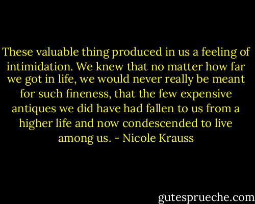 These valuable thing produced in us a feeling of intimidation. We knew that no matter how far we got in life, we would never really be meant for such fineness, that the few expensive antiques we did have had fallen to us from a higher life and now condescended to live among us. - Nicole Krauss