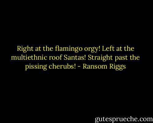 Right at the flamingo orgy! Left at the multiethnic roof Santas! Straight past the pissing cherubs! - Ransom Riggs