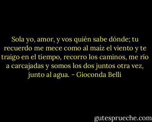 Sola yo, amor, y vos quién sabe dónde; tu recuerdo me mece como al maíz el viento y te traigo en el tiempo, recorro los caminos, me río a carcajadas y somos los dos juntos otra vez, junto al agua. - Gioconda Belli