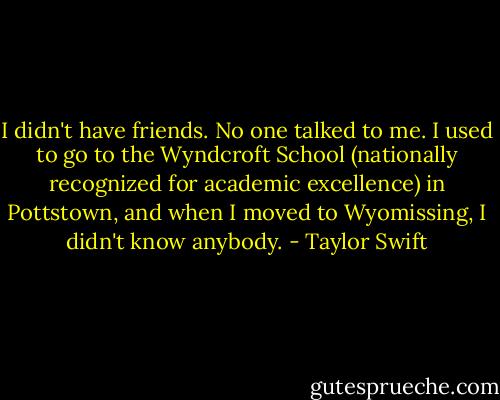 I didn't have friends. No one talked to me. I used to go to the Wyndcroft School (nationally recognized for academic excellence) in Pottstown, and when I moved to Wyomissing, I didn't know anybody. - Taylor Swift