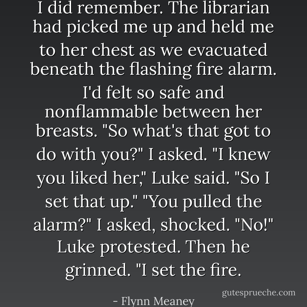 I did remember. The librarian had picked me up and held me to her chest as we evacuated beneath the flashing fire alarm. I'd felt so safe and nonflammable between her breasts.<br />"So what's that got to do with you?" I asked.<br />"I knew you liked her," Luke said. "So I set that up."<br />"You pulled the alarm?" I asked, shocked.<br />"No!" Luke protested. Then he grinned. "I set the fire. - Flynn Meaney