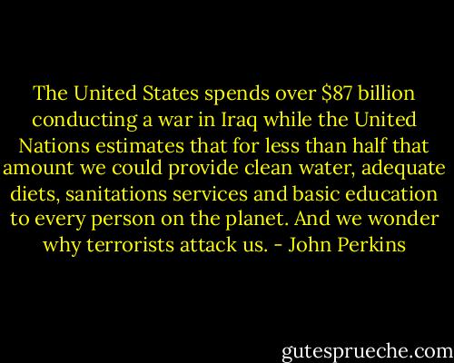 The United States spends over $87 billion conducting a war in Iraq while the United Nations estimates that for less than half that amount we could provide clean water, adequate diets, sanitations services and basic education to every person on the planet. And we wonder why terrorists attack us. - John Perkins