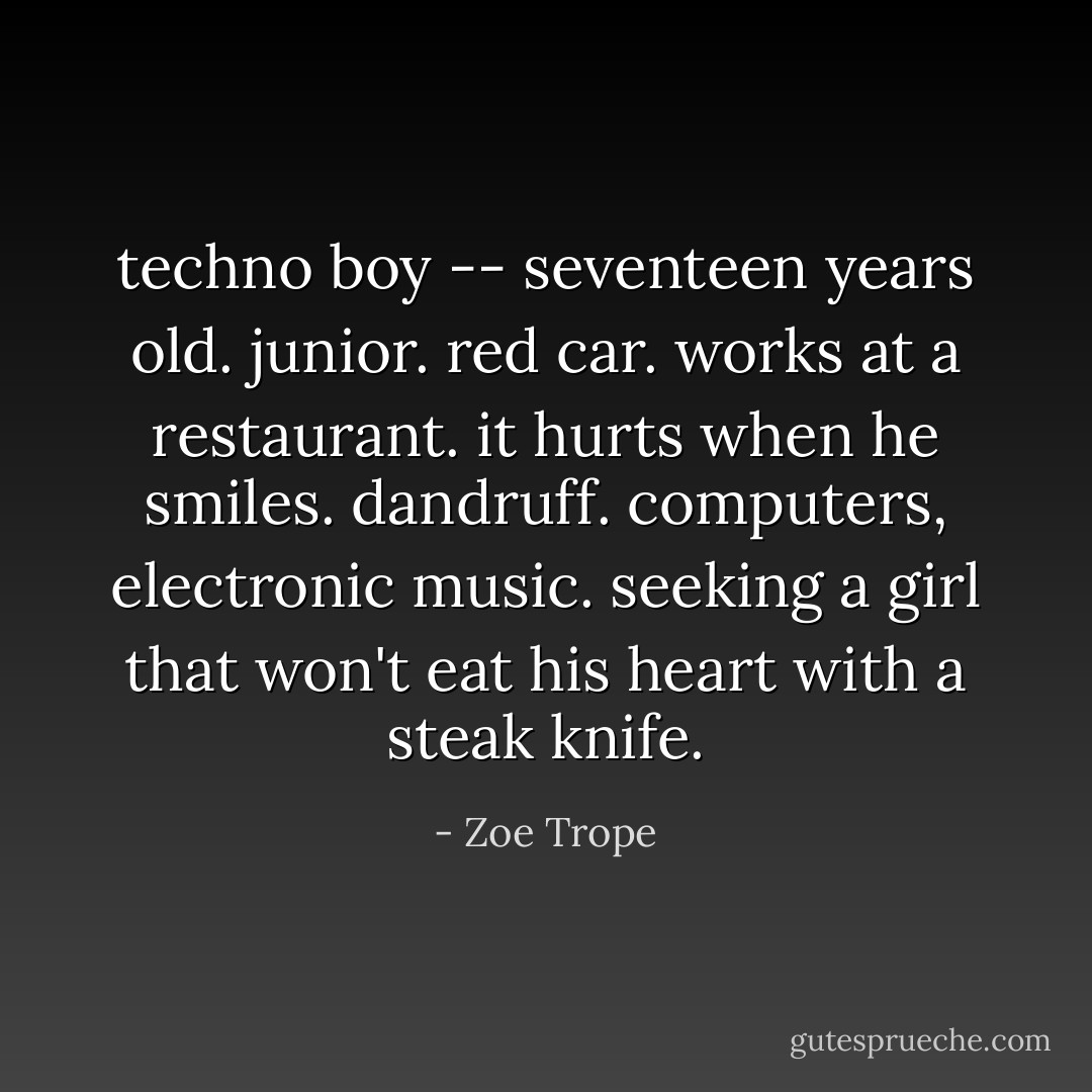 techno boy -- seventeen years old. junior. red car. works at a restaurant. it hurts when he smiles. dandruff. computers, electronic music. seeking a girl that won't eat his heart with a steak knife. - Zoe Trope
