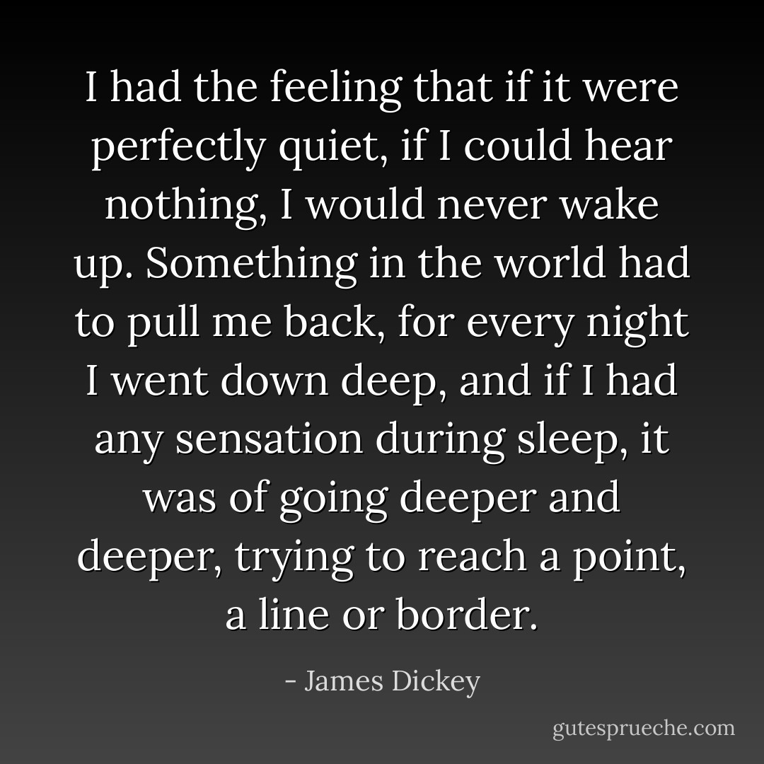 I had the feeling that if it were perfectly quiet, if I could hear nothing, I would never wake up. Something in the world had to pull me back, for every night I went down deep, and if I had any sensation during sleep, it was of going deeper and deeper, trying to reach a point, a line or border. - James Dickey