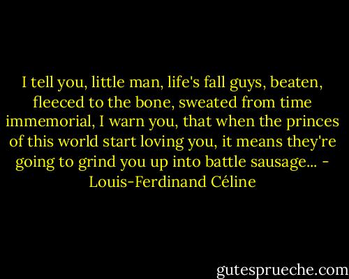 I tell you, little man, life's fall guys, beaten, fleeced to the bone, sweated from time immemorial, I warn you, that when the princes of this world start loving you, it means they're going to grind you up into battle sausage... - Louis-Ferdinand Céline