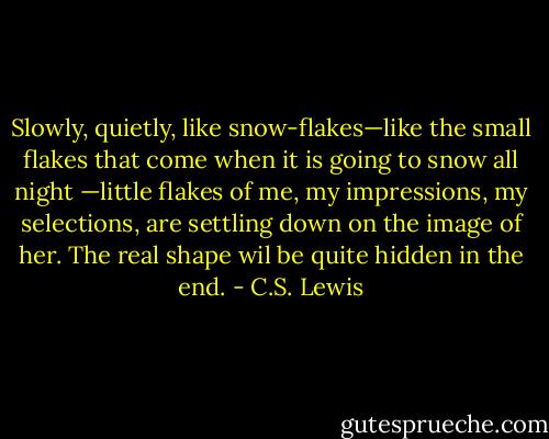 Slowly, quietly, like snow-flakes—like the small flakes that come when it is going to snow all night<br />—little flakes of me, my impressions, my selections, are settling down on the image of her. The real shape wil be quite hidden in the end. - C.S. Lewis