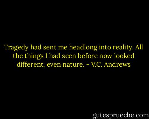 Tragedy had sent me headlong into reality. All the things I had seen before now looked different, even nature. - V.C. Andrews