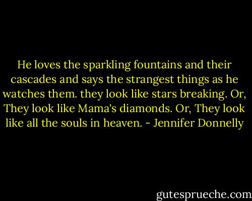 He loves the sparkling fountains and their cascades and says the strangest things as he watches them.<br />they look like stars breaking.<br />Or, They look like Mama's diamonds.<br />Or, They look like all the souls in heaven. - Jennifer Donnelly