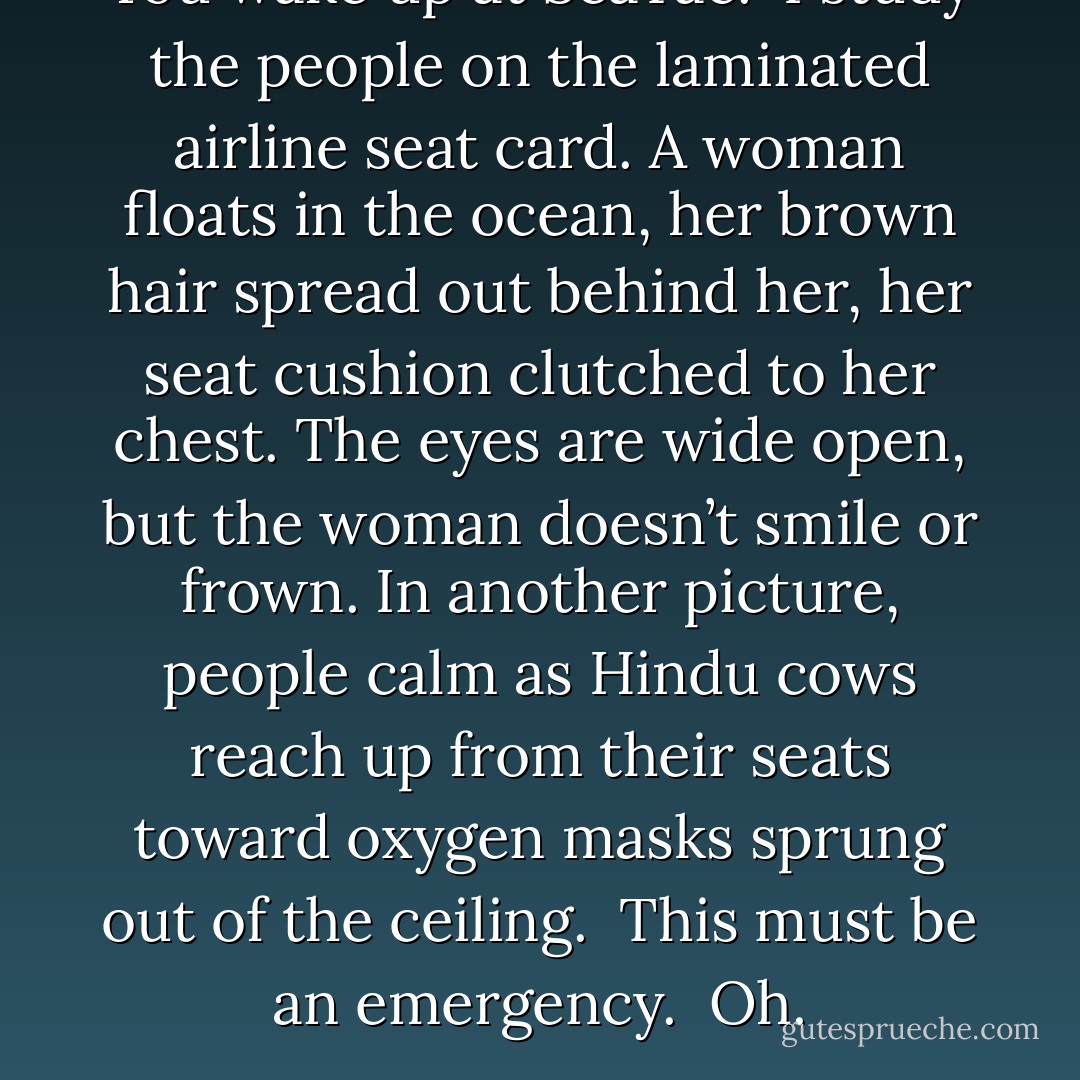 You wake up at SeaTac.<br /><br />I study the people on the laminated airline seat card. A woman floats in the ocean, her brown hair spread out behind her, her seat cushion clutched to her chest. The eyes are wide open, but the woman doesn’t smile or frown. In another picture, people calm as Hindu cows reach up from their seats toward oxygen masks sprung out of the ceiling.<br /><br />This must be an emergency.<br /><br />Oh. - Chuck Palahniuk